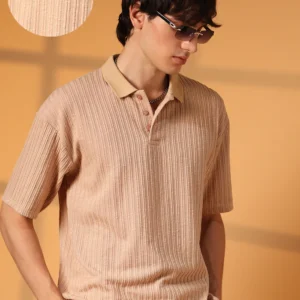 Men Striped Polo Neck Cotton Blend Beige T-Shirt